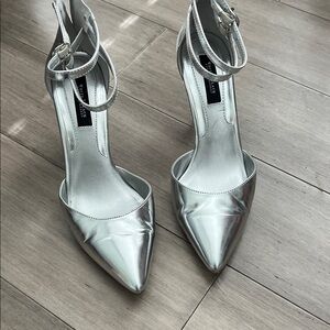 White House Black Market Shiny Silver Ankle Strap Heels